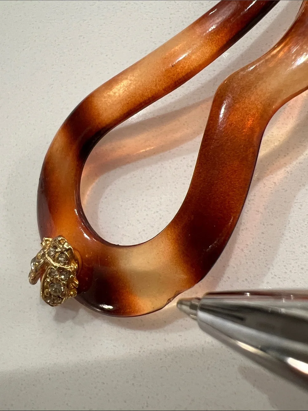 Tortoiseshell-Style Hair Fork w/ Gold-Coral-Diamond -style Ladybug Accent France